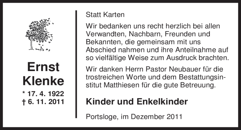 Traueranzeige für Ernst Klenke vom 17.12.2010 aus Nordwest Zeitung