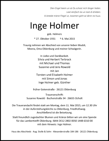 Traueranzeige von Inge Holmer von Nordwest-Zeitung