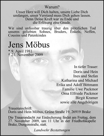 Traueranzeige von Jens Möbus von Nordwest-Zeitung