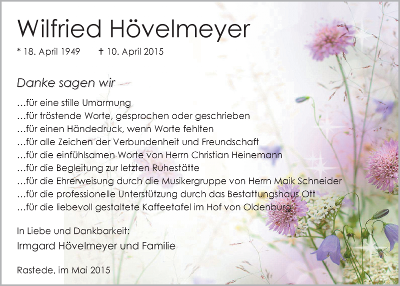  Traueranzeige für Wilfried Hövelmeyer vom 16.05.2015 aus Nordwest-Zeitung