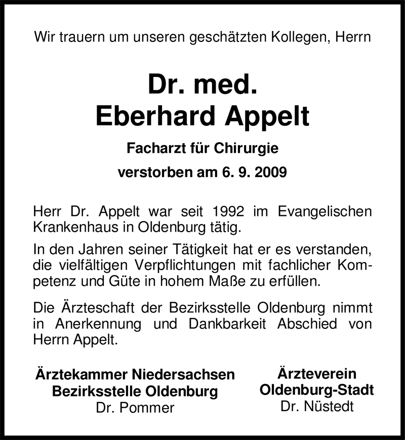  Traueranzeige für Eberhard Appelt vom 10.09.2009 aus Nordwest-Zeitung
