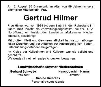Traueranzeige von Gertrud Hilmer von Nordwest-Zeitung