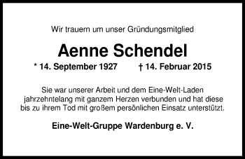 Traueranzeige von Anna (Aenne) Schendel von Nordwest-Zeitung