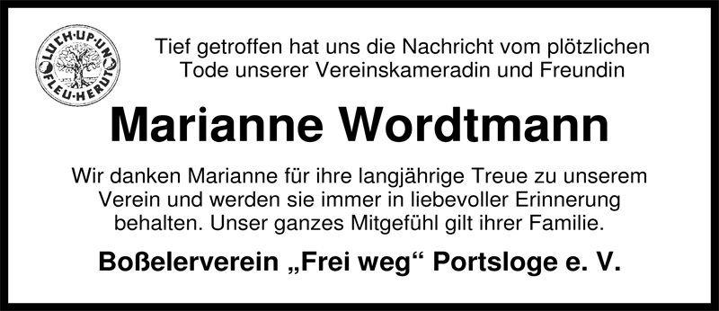  Traueranzeige für Marianne Wordtmann vom 17.08.2009 aus Nordwest-Zeitung