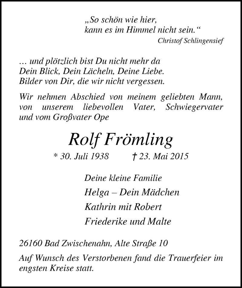  Traueranzeige für Rolf Frömling vom 06.06.2015 aus Nordwest-Zeitung