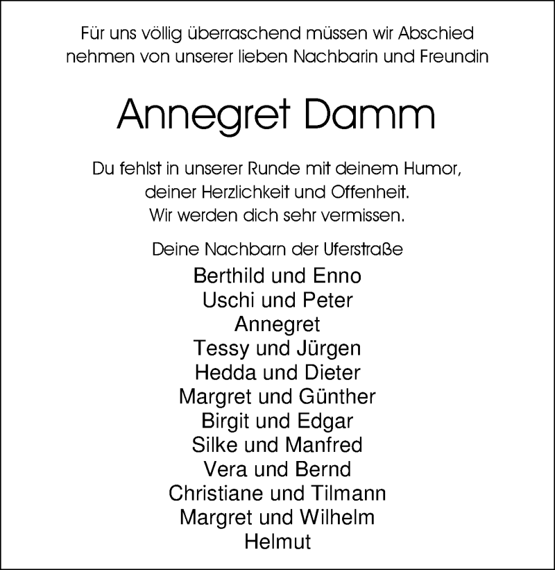  Traueranzeige für Annegret Damm vom 21.02.2015 aus Nordwest-Zeitung