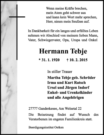 Traueranzeige von Hermann Tebje von Nordwest-Zeitung