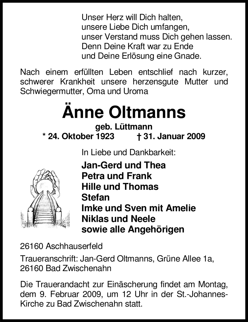  Traueranzeige für Änne Oltmanns vom 04.02.2009 aus Nordwest-Zeitung