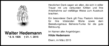 Traueranzeige von Walter Hedemann von Nordwest-Zeitung