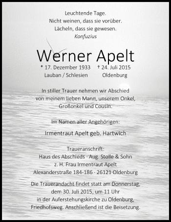 Traueranzeige von Werner Apelt von Nordwest-Zeitung