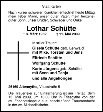 Traueranzeige von Lothar Schütte von Nordwest-Zeitung