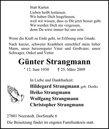 Traueranzeige von Günter Strangmann von Nordwest-Zeitung