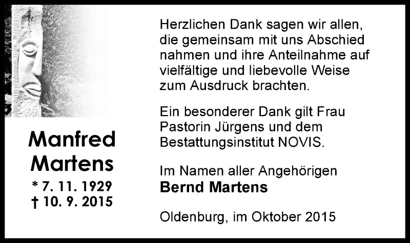  Traueranzeige für Manfred Martens vom 10.10.2015 aus Nordwest-Zeitung