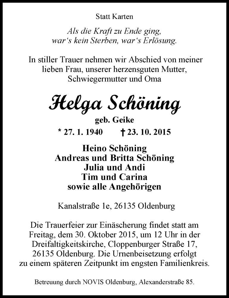  Traueranzeige für Helga Schöning vom 27.10.2015 aus Nordwest-Zeitung