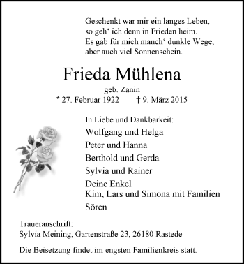 Traueranzeige von Frieda Mühlena von Nordwest-Zeitung