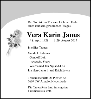 Traueranzeige von Vera Karin Janus von Nordwest-Zeitung