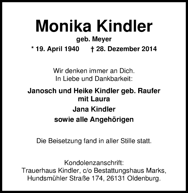  Traueranzeige für Monika Kindler vom 17.01.2015 aus Nordwest-Zeitung