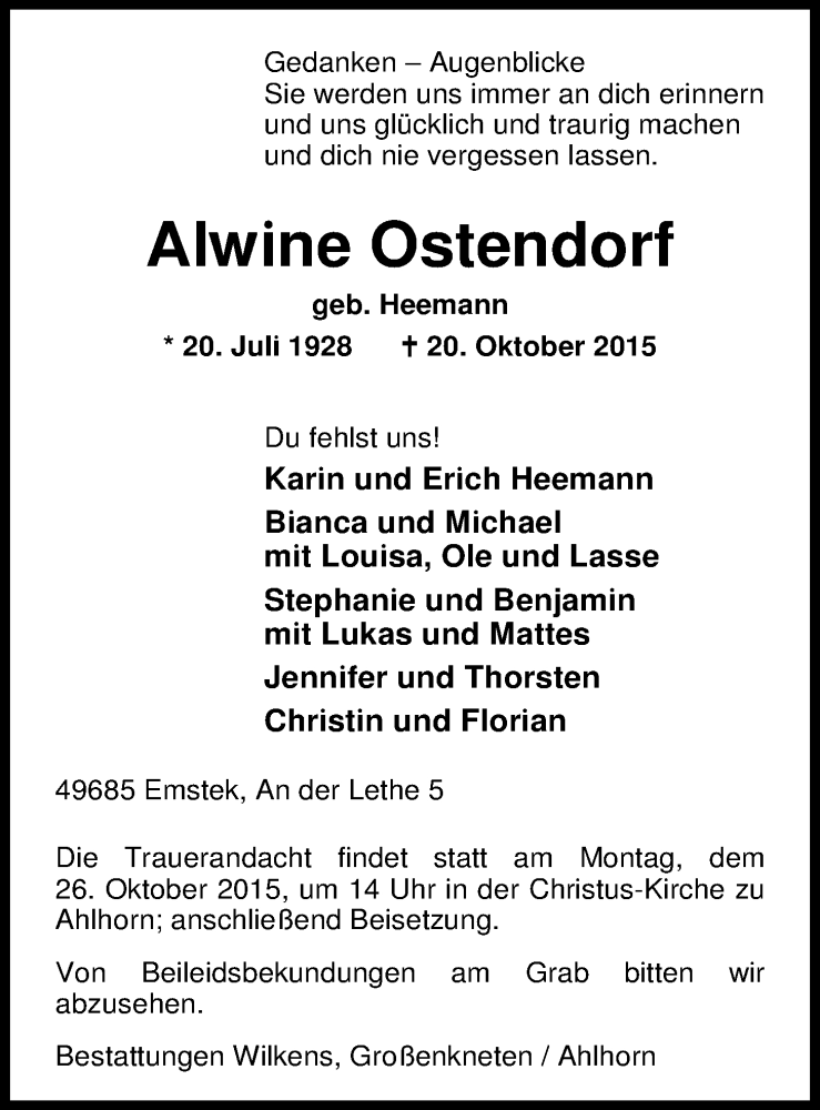  Traueranzeige für Alwine Ostendorf vom 22.10.2015 aus Nordwest-Zeitung