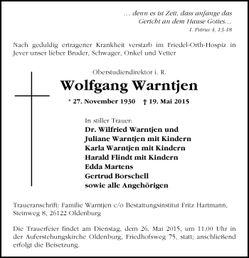 Traueranzeige von Wolfgang Warntjen von Nordwest-Zeitung
