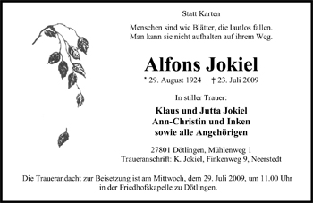 Traueranzeige von Alfons Jokiel von Nordwest-Zeitung