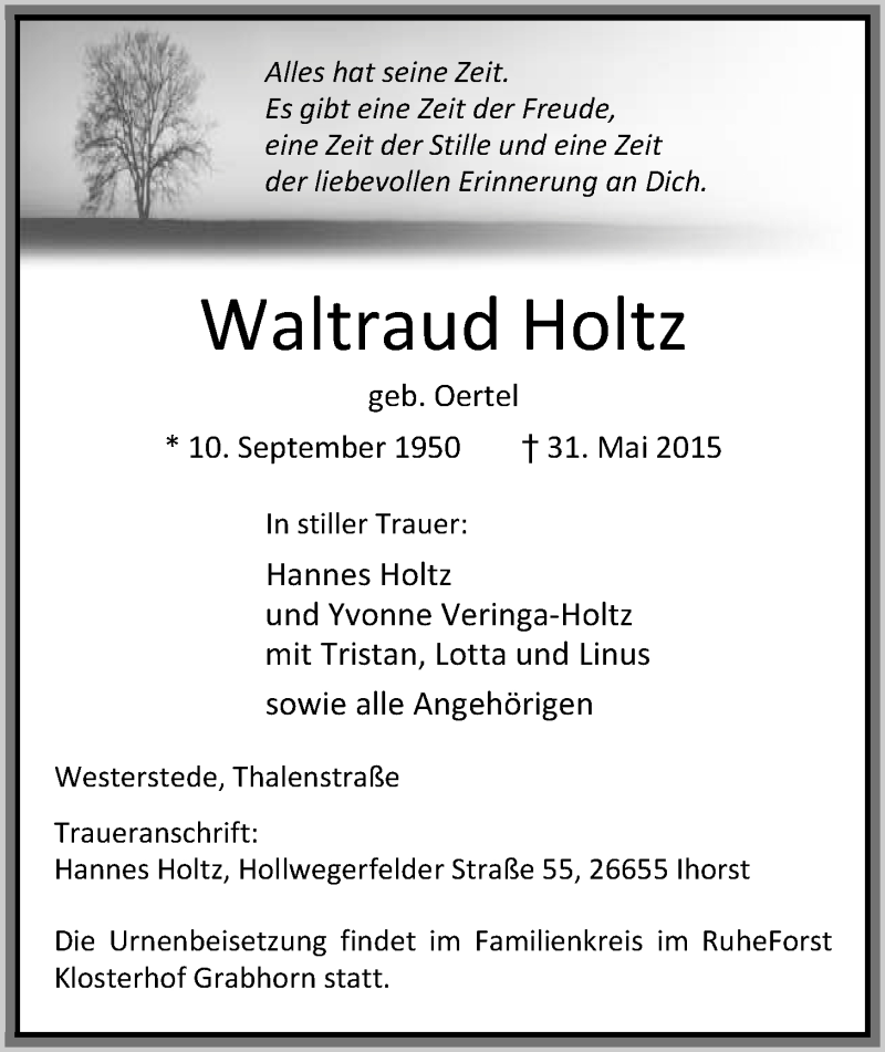  Traueranzeige für Waltraud Holtz vom 03.06.2015 aus Nordwest-Zeitung