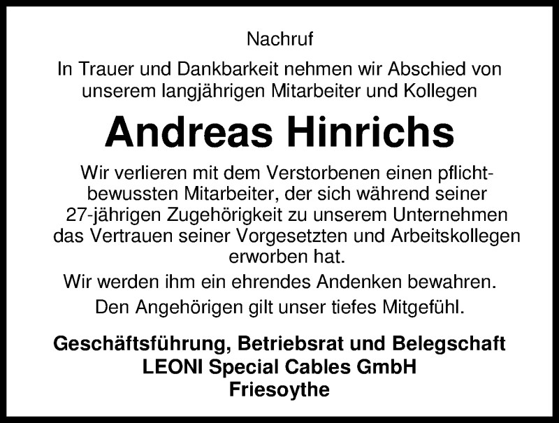  Traueranzeige für Andreas Hinrichs vom 07.10.2015 aus Nordwest-Zeitung