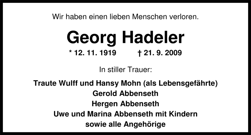  Traueranzeige für Georg Hadeler vom 23.09.2009 aus Nordwest-Zeitung