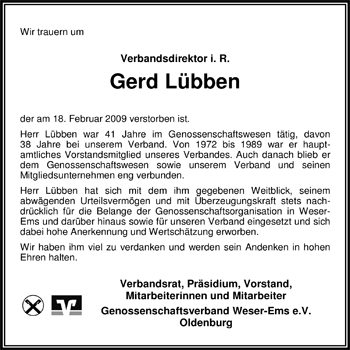 Traueranzeige von Gerd Lübben von Nordwest-Zeitung