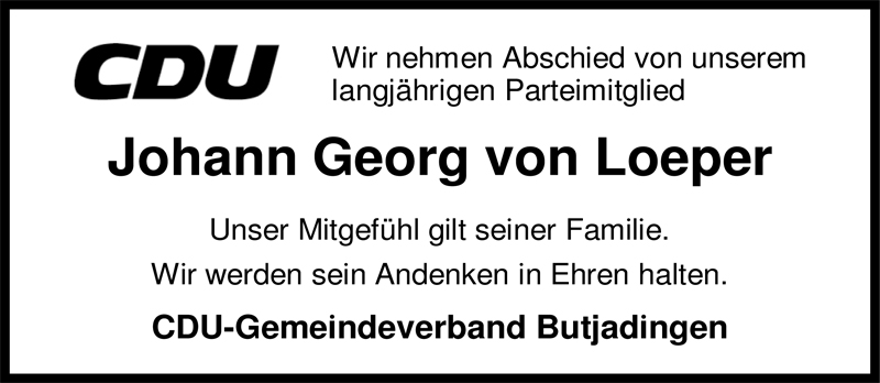  Traueranzeige für Johann Georg von Loeper vom 11.11.2009 aus Nordwest-Zeitung