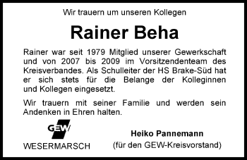 Traueranzeige von Rainer Beha von Nordwest-Zeitung