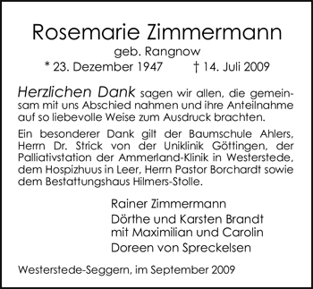 Traueranzeige von Rosemarie Zimmermann von Nordwest-Zeitung