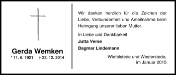 Traueranzeige von Gerda Wemken von Nordwest-Zeitung