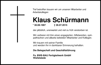 Traueranzeige von Klaus Schürmann von Nordwest-Zeitung