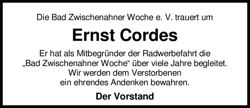 Traueranzeige für Ernst Cordes vom 14.11.2009 aus Nordwest-Zeitung