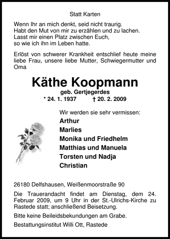 Traueranzeige von Käthe Koopmann von Nordwest-Zeitung