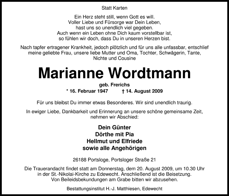  Traueranzeige für Marianne Wordtmann vom 17.08.2009 aus Nordwest-Zeitung