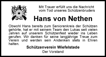 Traueranzeige von Hans  von Nethen von Nordwest-Zeitung