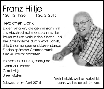 Traueranzeige von Franz Hillje von Nordwest-Zeitung