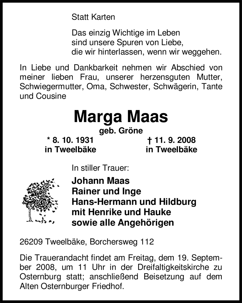  Traueranzeige für Marga Maas vom 16.09.2008 aus Nordwest-Zeitung