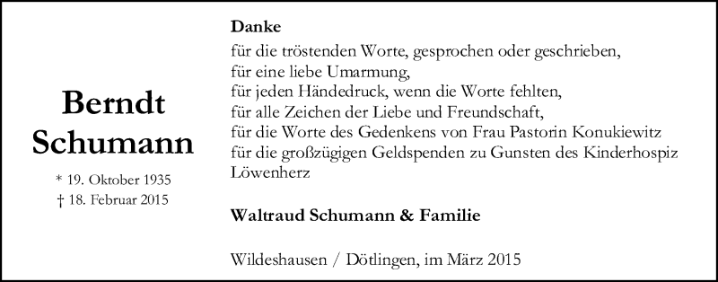  Traueranzeige für Berndt Schumann vom 28.03.2015 aus Nordwest-Zeitung