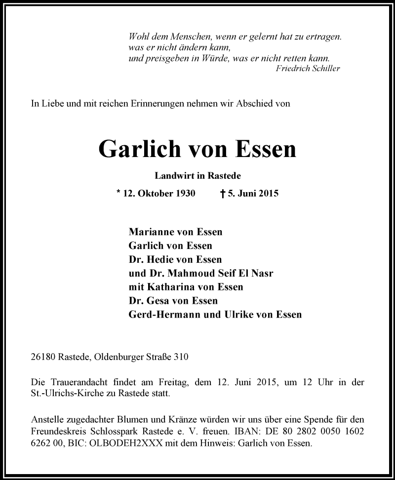  Traueranzeige für Garlich von Essen vom 09.06.2015 aus Nordwest-Zeitung