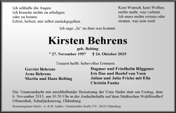 Traueranzeige von Kirsten Behrens von Nordwest-Zeitung