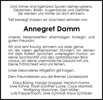 Traueranzeige von Annegret Damm von Nordwest-Zeitung