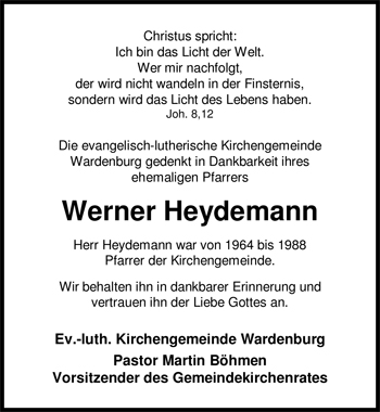 Traueranzeige von Werner Heydemann von Nordwest-Zeitung