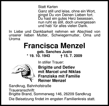 Traueranzeige von Francisca Menzel von Nordwest-Zeitung