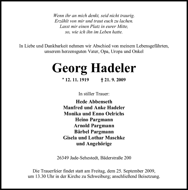  Traueranzeige für Georg Hadeler vom 23.09.2009 aus Nordwest-Zeitung