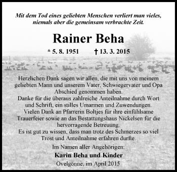 Traueranzeige von Rainer Beha von Nordwest-Zeitung