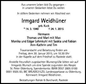 Traueranzeige von Irmgard Weidhüner von Nordwest-Zeitung