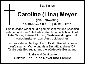 Traueranzeige von Caroline (Lina) Meyer von Nordwest-Zeitung