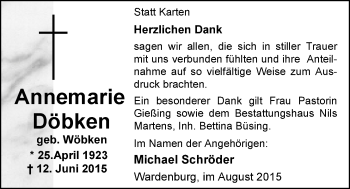 Traueranzeige von Annemarie Döbken von Nordwest-Zeitung